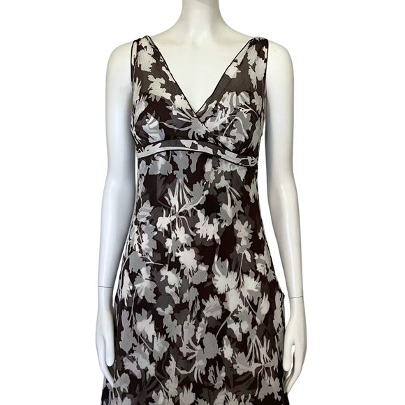 Vintage Y2K 100% Silk Ann Taylor Brown White Floral Midi Dress S/M Size 8 V Neck - Picture 7 of 14